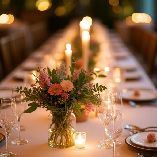 Un tavolo elegantemente apparecchiato con un centrotavola floreale aromatico.