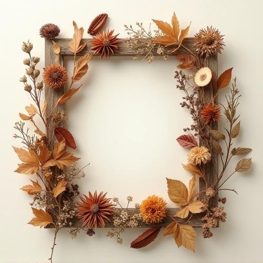 Una composizione artistica di fiori secchi e spezie incorniciata.