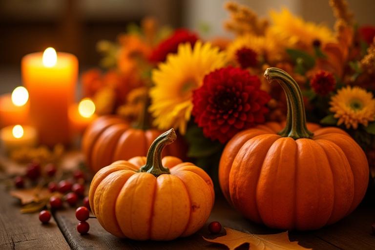 Un centrotavola dai colori autunnali con zucche ornamentali e fiori.