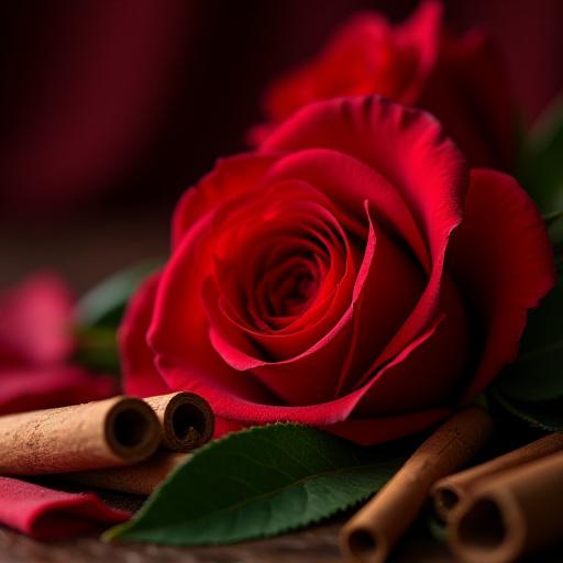 Primo piano di una composizione con rose rosse e bastoncini di cannella.