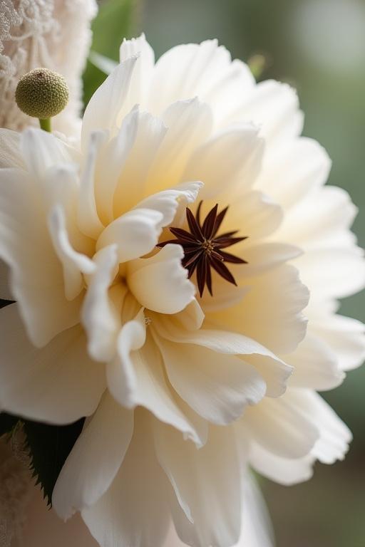 Dettaglio di un bouquet da sposa con peonie e anice stellato.