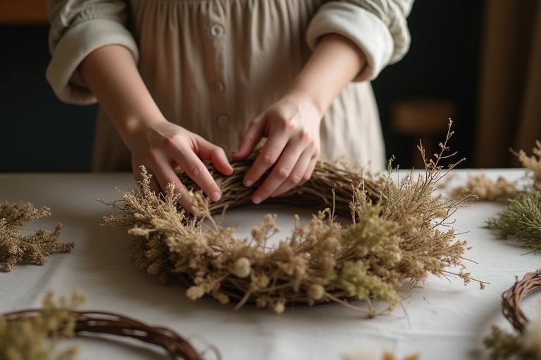 Partecipante che assembla una corona di fiori secchi.