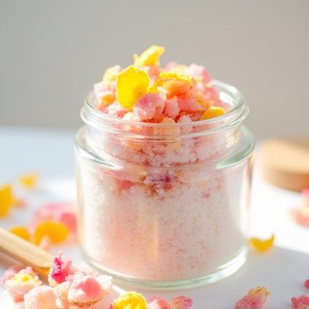 Sali da bagno con petali di calendula e rosa in un'ampolla di vetro.