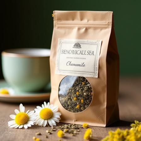 Una confezione di tisana botanica con fiori di camomilla visibili.